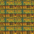 Seamless vector Halloween monsters signs patterns. Repeat orange signs on green and black stripes background. For fabric, cover, w